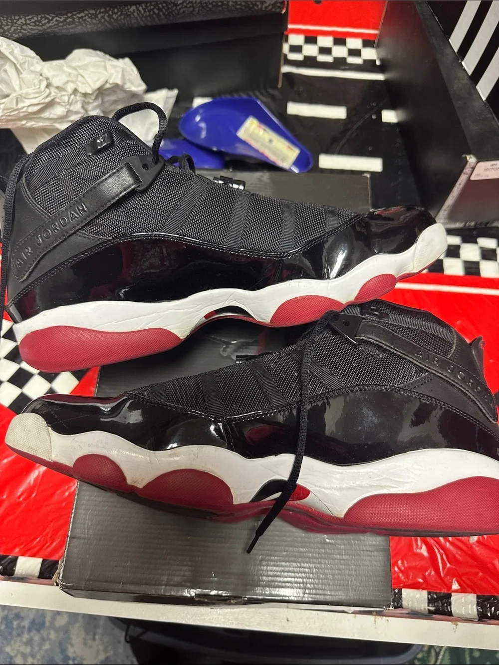Jordan 6 Rings Black & Red Patent Leather High-Top Sneakers